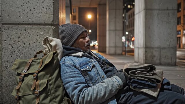 Homeless man resting outside urban building at night with backpack and blanket.