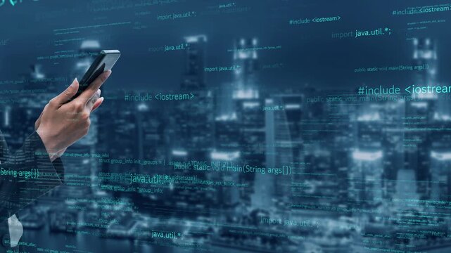A close-up of hands holding a smartphone integrated with digital coding and data elements, set against a vibrant city skyline at night, symbolizing modern technology. Xenic