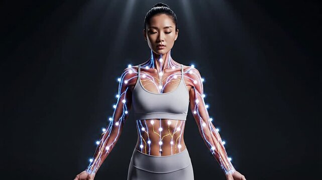 Illuminated Anatomical Representation Of Muscles And Veins On Female Model In Fitness Technology Demonstration Under Studio Lighting
