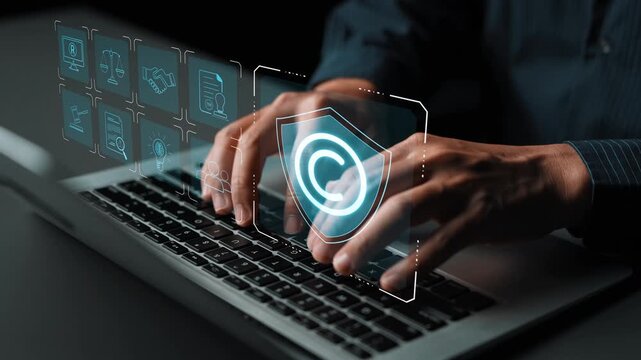 Digital copyright protection system showing secure ownership, intellectual property rights, content verification, and legal warning icons for creators and publishers Marrow