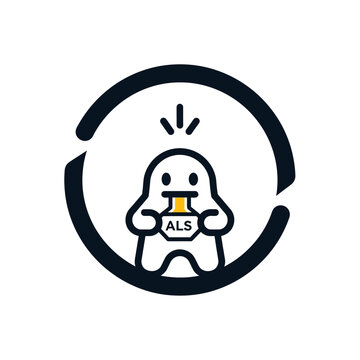 Cute Ghost Character Holding ALS Awareness Ribbon Inside Circle.