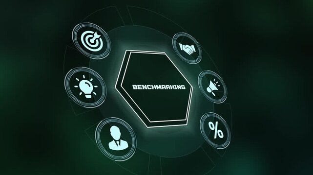 Digital technology HUD interface focusing on corporate benchmarking and performance metrics.