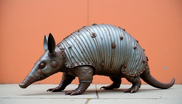 Sculpture of armadillo made from metal and corrugated steel plates. Industrial art piece with rivets and textured elements. Object represents robotic animal or steampunk creature.