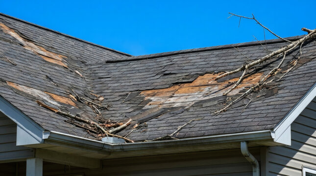 Damaged roof with broken shingles and tree branch.