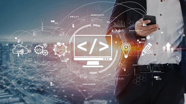 Modern web development concept featuring coding symbols, web development process, web development interface, and web development tools with futuristic design. Muxer
