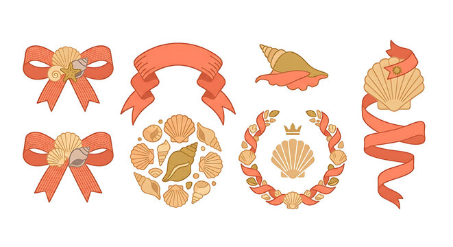 Summer beach collection with sea shells, ribbons, and decorative wreaths, nautical design elements