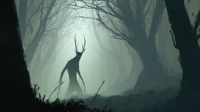 Mysterious shadow creature lurks behind twisted tree in eerie foggy forest with bare branches and grassy underbrush