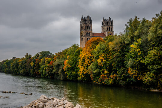Munich Maximilianeum Above Isar River Autumn Trees