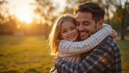 Obraz premium Loving Father Hugging His Young Daughter Outdoors in a Park During Golden Hour Sunset