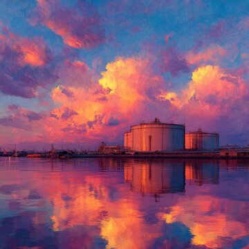 The majesty of industrial grandeur: exploring lng terminals. Upscale style. Lighting the path: magnificent lng tanks in an atmospheric terminal setting. Chic appearance. Glam lookbook.