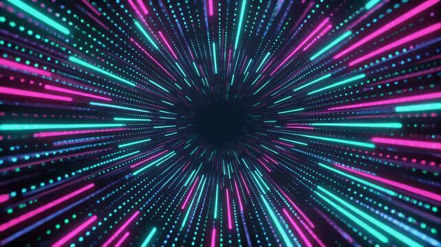 Vibrant neon light explosion with pink and blue rays on dark background, dynamic abstract motion