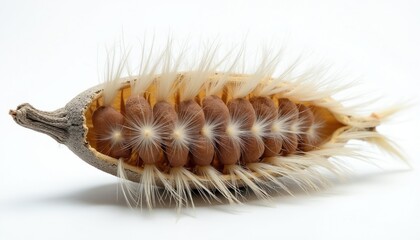 Naklejka premium Open seed pod with brown fluffy seeds and white filaments against white backdrop. Natural plant detail macro shot. Botanical life reproduction concept.