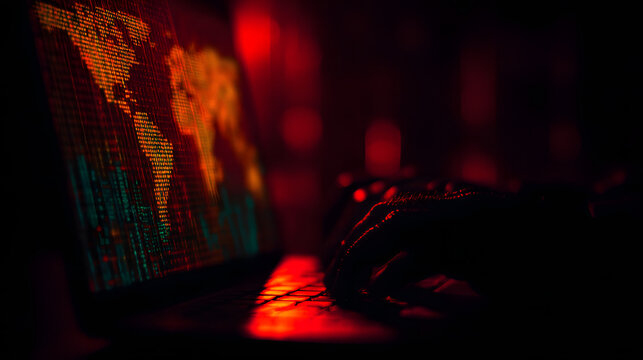 Cybersecurity analyst working on laptop with global threat monitoring interface and attack detection alerts, cyber defense concept