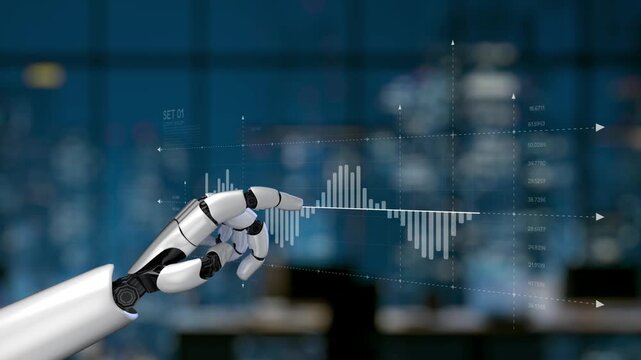 A human-like robotic hand engages with a holographic data display, showcasing warning symbols and a dynamic graph, reflecting a futuristic technological landscape. Synapse