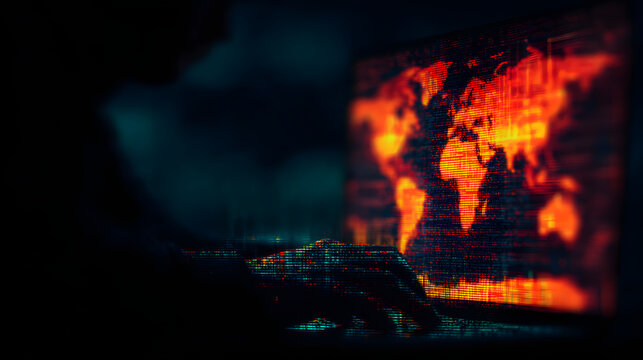 Cybersecurity analyst working on laptop with global threat monitoring interface and attack detection alerts, cyber defense concept