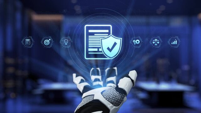 A robotic hand showcases a digital security document surrounded by technology symbols, representing the intersection of automation and data protection in a modern workspace. Synapse