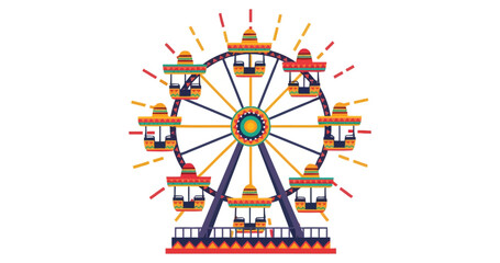 Fototapeta premium Colorful amusement park attraction offering panoramic views of the surrounding landscape from elevated cabins on a spinning wheel with radiating lights at dusk or during twilight hours for