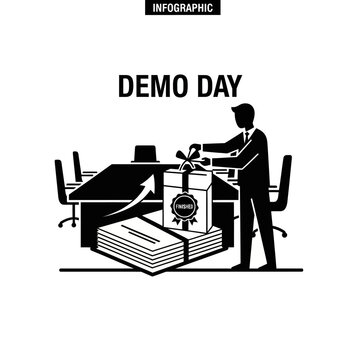 Businessman shredding documents on demo day infographic.