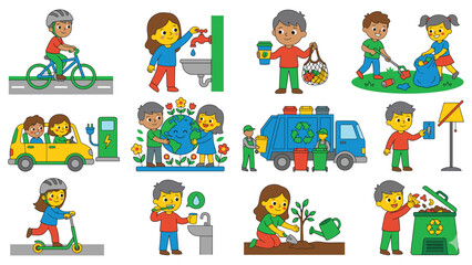 Fototapeta premium Daily habits for sustainable living showing people doing eco friendly actions in daily life.