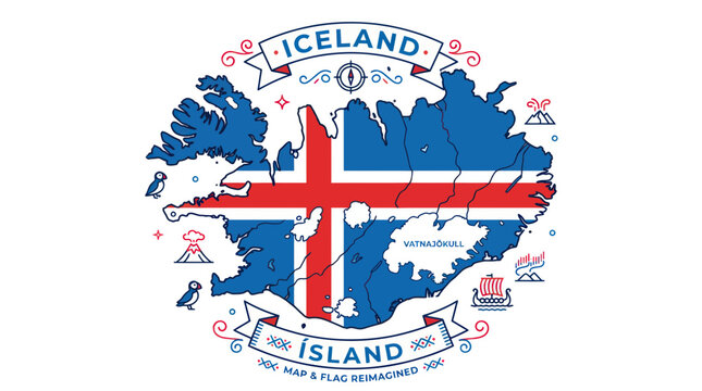 Iceland Map and Flag Illustration with Icons - Travel and Tourism Concept