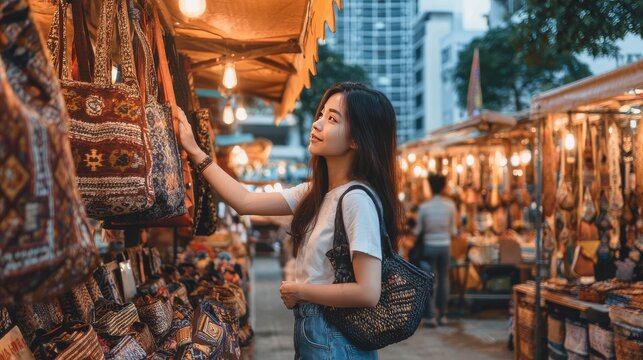 Woman market shopping handbag artisan craft bazaar travel tourism fashion souvenir retail. Smiling female browsing colorful woven bags under warm lights in traditional outdoor marketplace