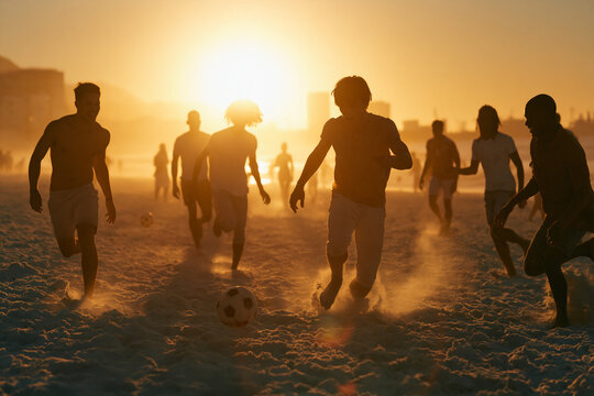 Children Playing Beach Soccer at Golden Sunset