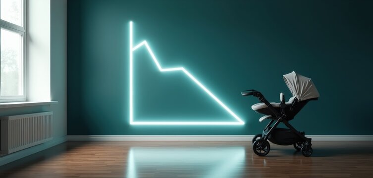 Baby stroller next to a neon downward trending graph. Illustrates declining birth rates. Represents fewer families, baby products sales drop. Concept of demographic changes worldwide.