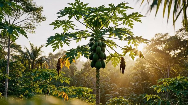 Papaya tree with ripe fruits in tropical garden during sunrise.