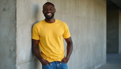 Obraz premium Black man wears yellow t shirt and blue jeans. He smiles broadly and leans against concrete wall. Casual portrait shows happy mood and relaxed pose outdoors in daylight.