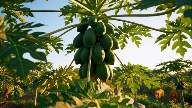 Green papaya fruits growing on a tropical papaya tree in a sunny garden.