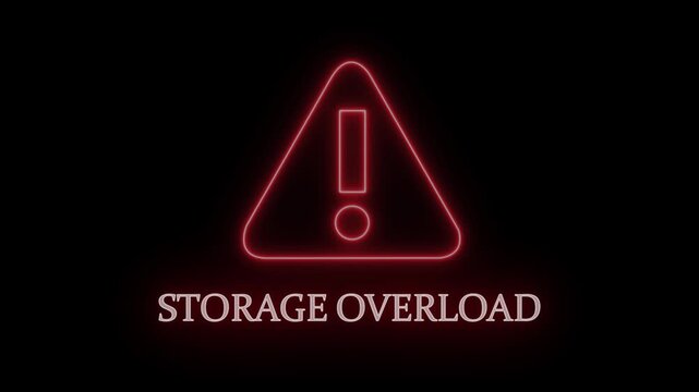 Glowing red neon storage overload warning sign animation with pulsing alert triangle for digital data management, cloud server capacity issues, system error notifications, and technical it problems