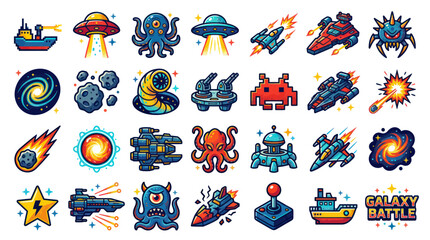 Pixel Art Space Icons: UFOs, Aliens, Spaceships, Planets, and Galaxy Battle © Didit