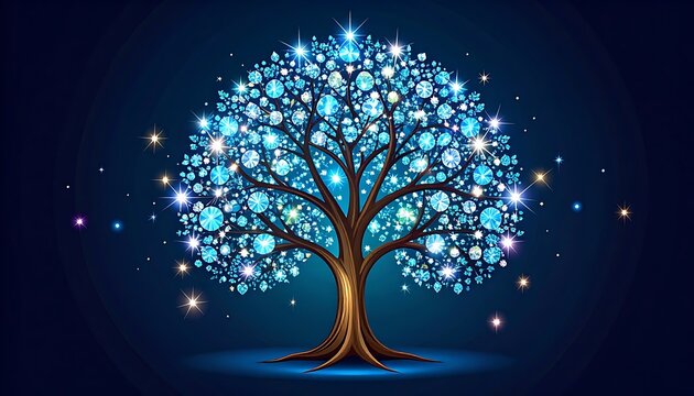 A tree with glowing blue and white orbs for leaves