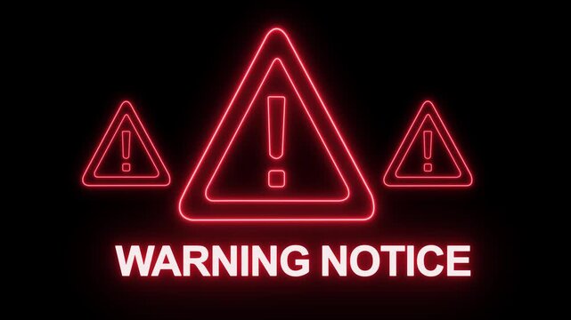 Glowing red neon warning notice sign with triple exclamation mark hazard triangles on a dark black background, for industrial safety, alerts, cybersecurity breach, notifications, system errors
