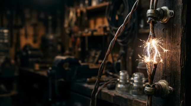Electric spark flashing between two frayed wires in a dark rustic workshop