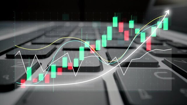 This image features a digital representation of a stock market chart overlaying a laptop keyboard, showcasing trends in finance and trading analysis with vibrant colors and graphs. Copula