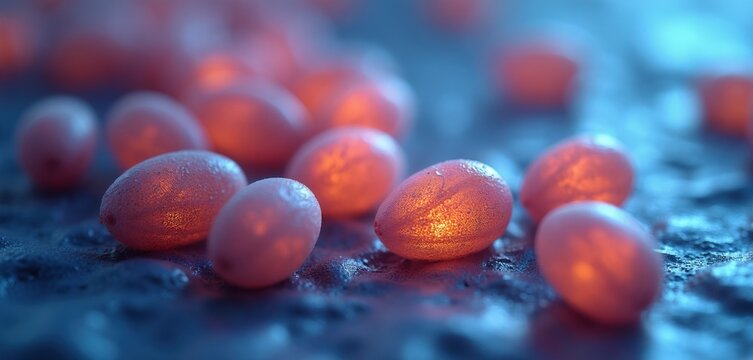 Microscopic view of oval Ascaris lumbricoides roundworm eggs. Parasitic ova show textured outer shells under illumination. Medical science subject for diagnostics and research.