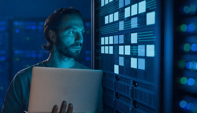 IT engineer monitoring holographic server infrastructure