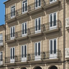 Obraz premium Architectural illustration of a historic stone building facade with ornate black wrought iron balconies, white window frames, and classic European masonry details under a clear sky.