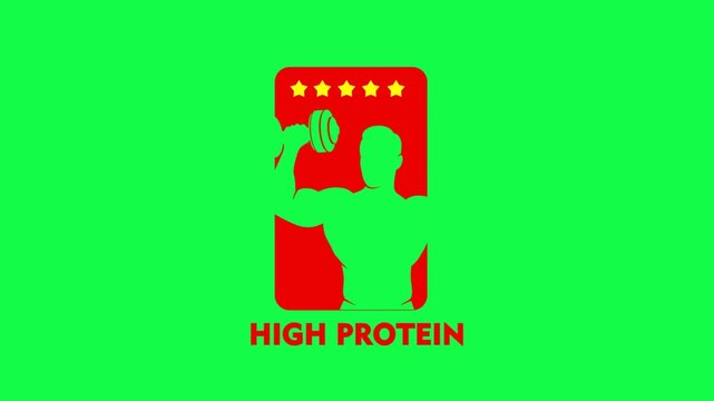 High Protein Red Badge Logo with Muscular Man Silhouette and Five Stars on Green Screen Chroma Key Background
