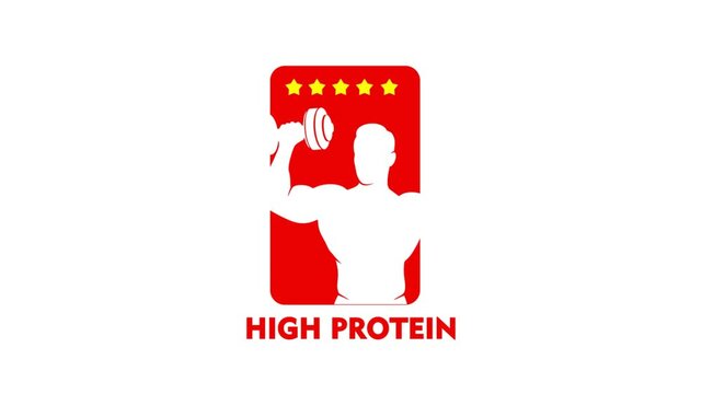 High Protein Red Badge Logo with Muscular Man Silhouette and Five Stars on White Background