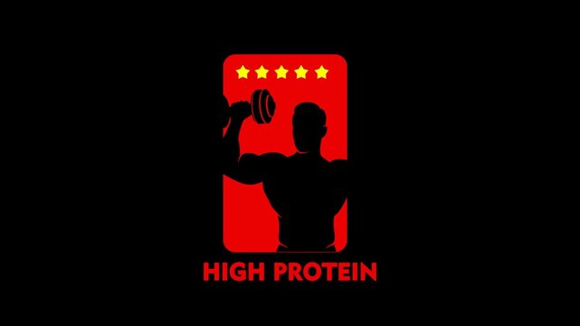 High Protein Red Badge Logo with Muscular Man Silhouette and Five Stars on Black Background
