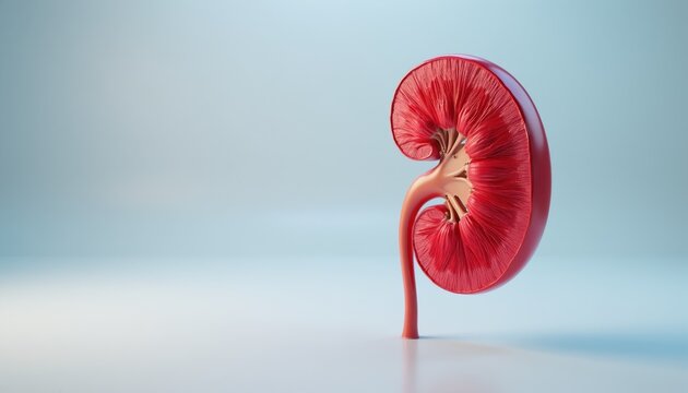 Cross section human kidney. Internal structure detail showing lobes renal cortex medulla. Medical organ illustration for health science research or education.