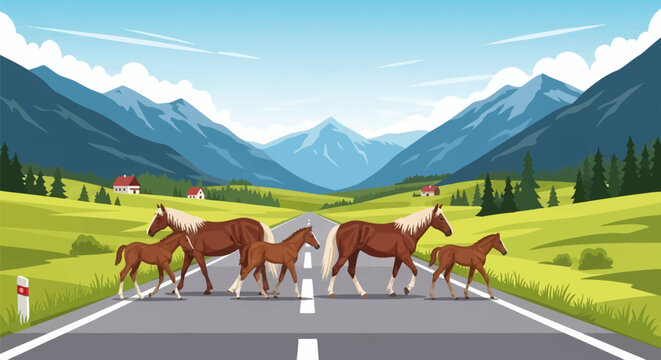 Flat vector illustration of brown horses and foals crossing an asphalt road in a green valley mountain landscape with pine trees, small houses, and alpine peaks under a blue sky.