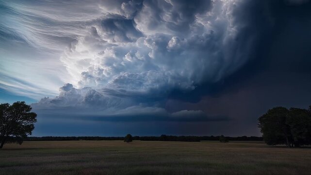 Dramatic stormy sky, dark clouds gathering over field with trees, ominous weather, symbolizing impending storm, representing turmoil