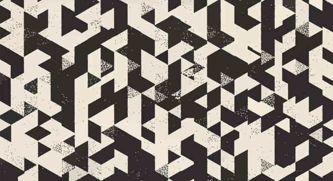 Geometric abstract pattern featuring black and cream triangles with a grainy noise texture and stippled effect. Distressed isometric background for vintage graphic design projects.