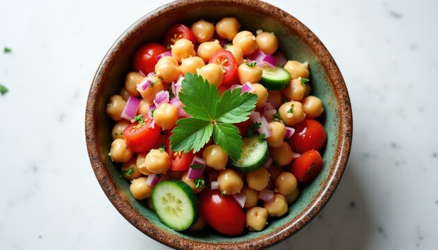 Close up of chickpea salad bowl with tomatoes, cucumbers, and red onion. Fresh green parsley leaf garnishes dish. Healthy plant based meal on white surface.