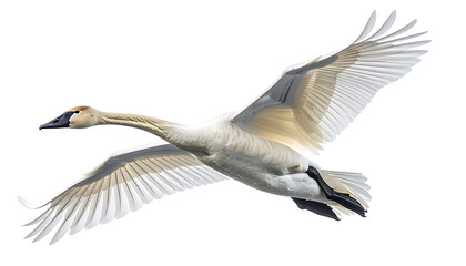 Fototapeta premium Elegant trumpeter swan in mid-flight, wings spread wide, detailed feathers, natural wildlife, graceful motion, isolated subject