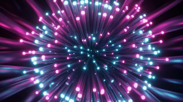 Vibrant pink and blue light trails exploding in a dark background, dynamic abstract technology concept