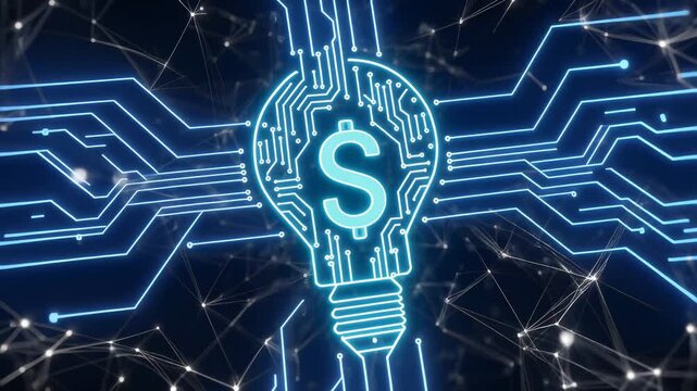 Dynamic network connections, glowing blue lightbulb with dollar sign, circuit board patterns, symbolizing innovation, finance, and technology, seamless loop, 5-second animation.